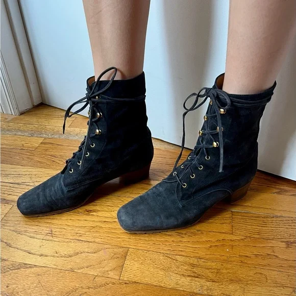 90s Navy Prada suede Lace-Up Women's Boots - Picture 2 of 5